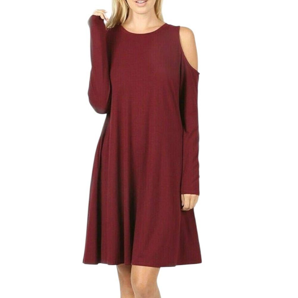 Women Red Cold Shoulder A-Line Shirt Dress Red Large With pockets